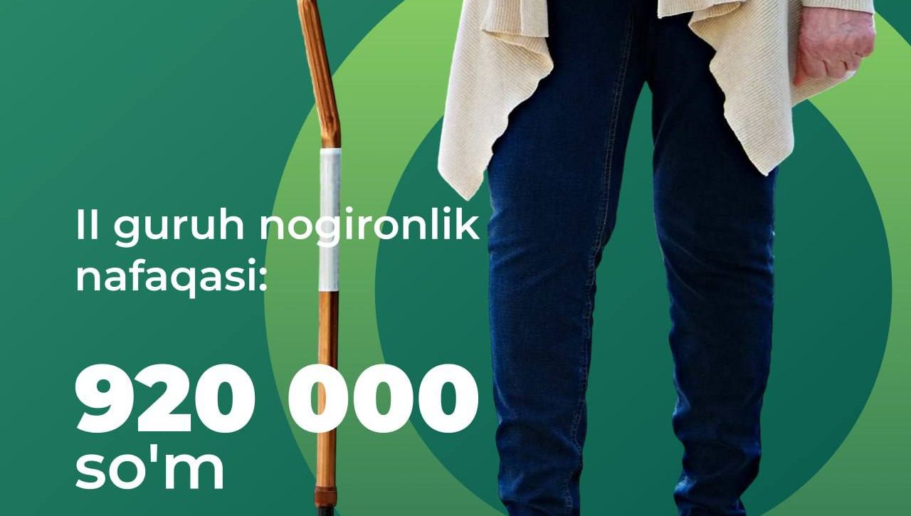 O‘zbekistonda nogironligi bo‘lgan shaxslar uchun qanday nafaqa va to‘lov turlari mavjud va ularning miqdori qanday?